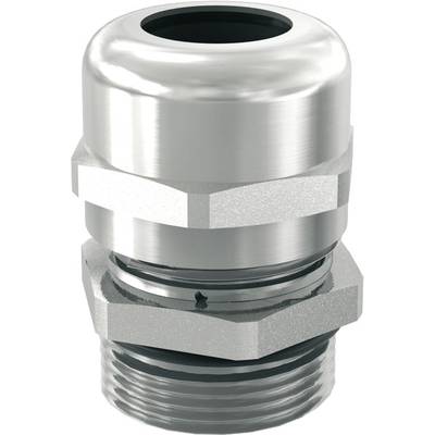 A metal cable gland, consisting of a cylindrical housing with threading, which serves to secure and seal cables.
