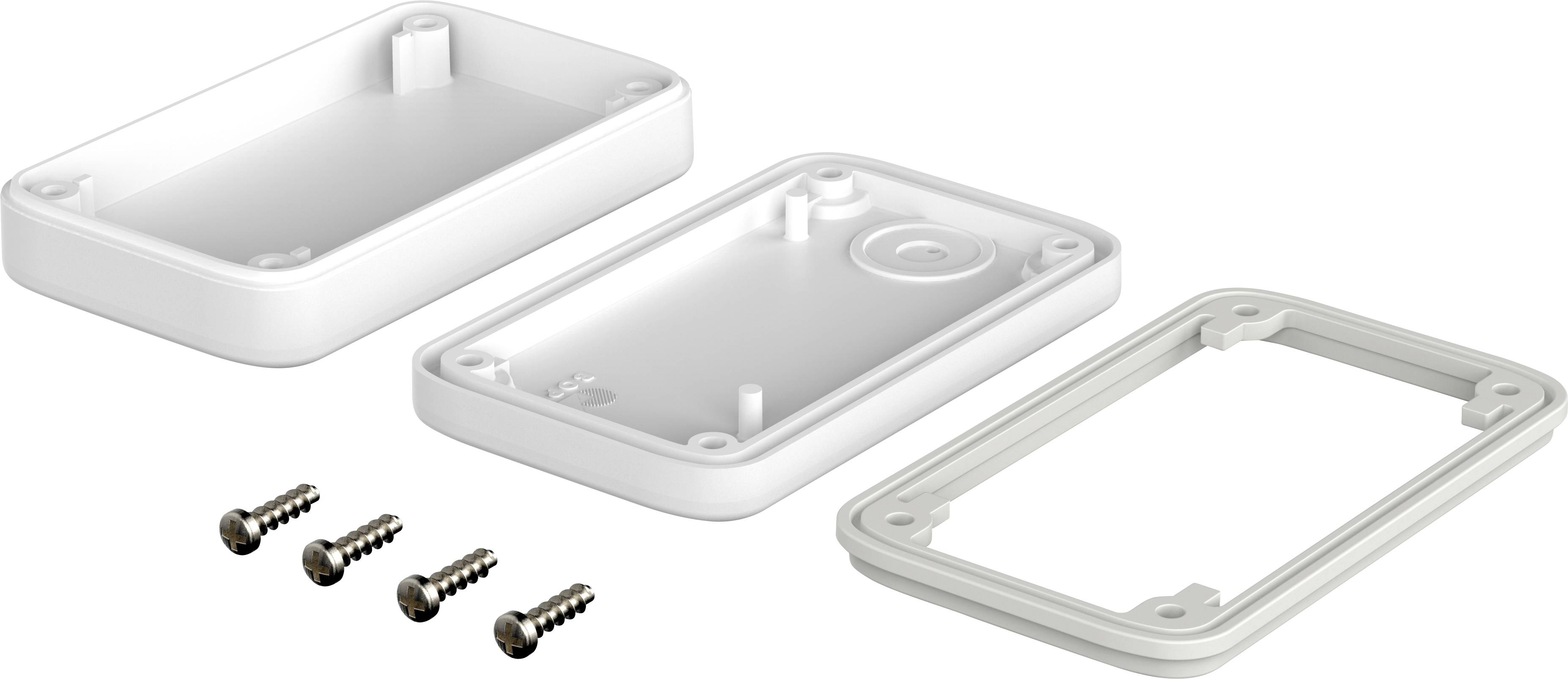 Shows an enclosure set with three white plastic components and four screws. The parts are intended for assembly.