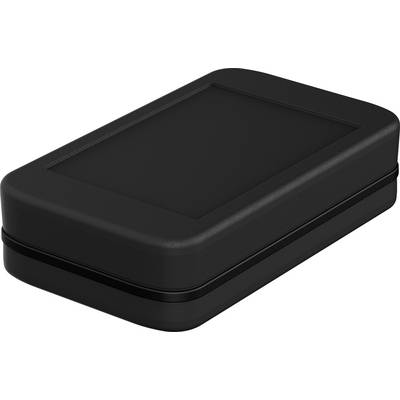 Black, rectangular plastic box with rounded corners on a white background.
