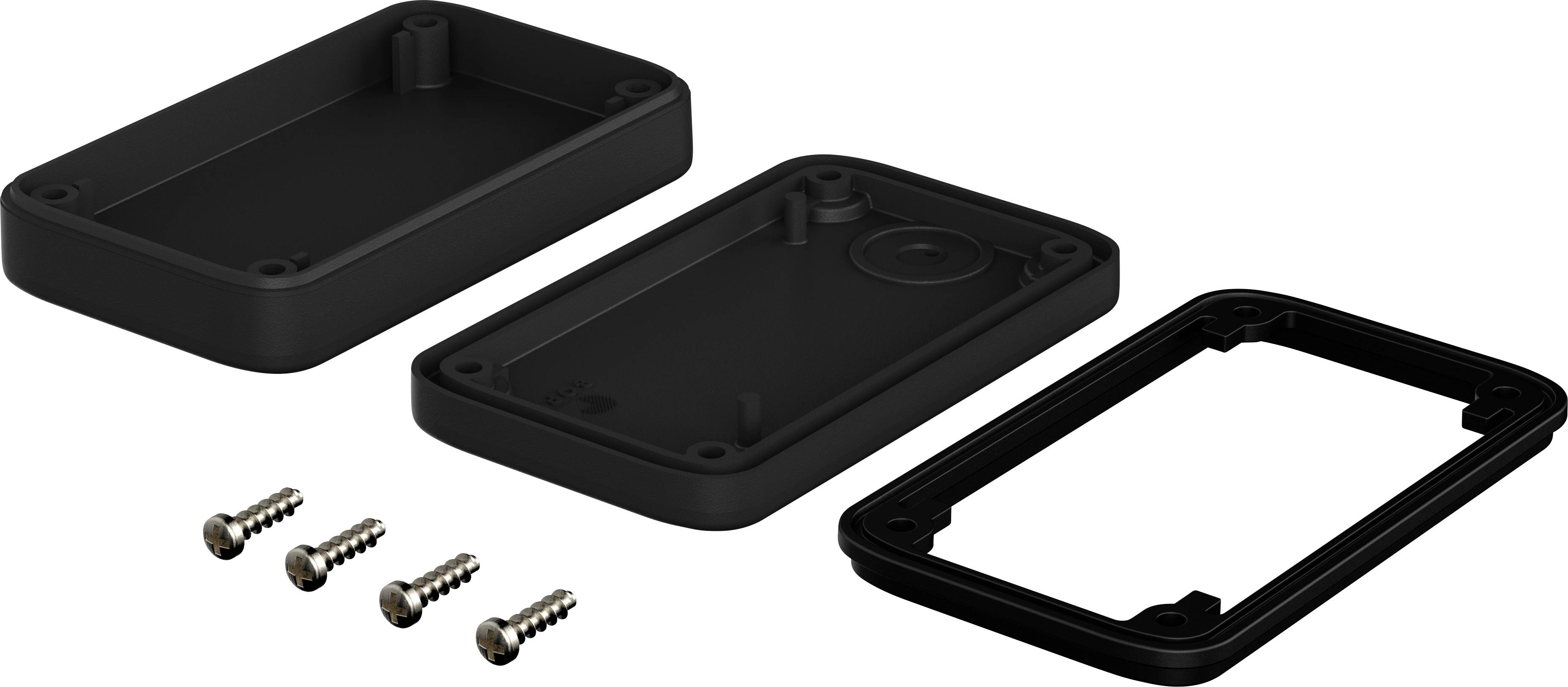 Three black housing components and four screws lie side by side, ready for the assembly of an electronic device.