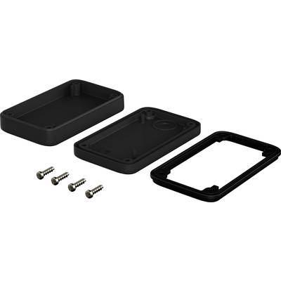 Three black housing components and four screws lie side by side, ready for the assembly of an electronic device.