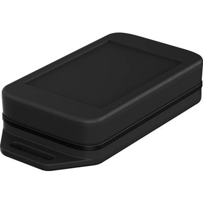 Black, rectangular plastic box with rounded edges and integrated handle.