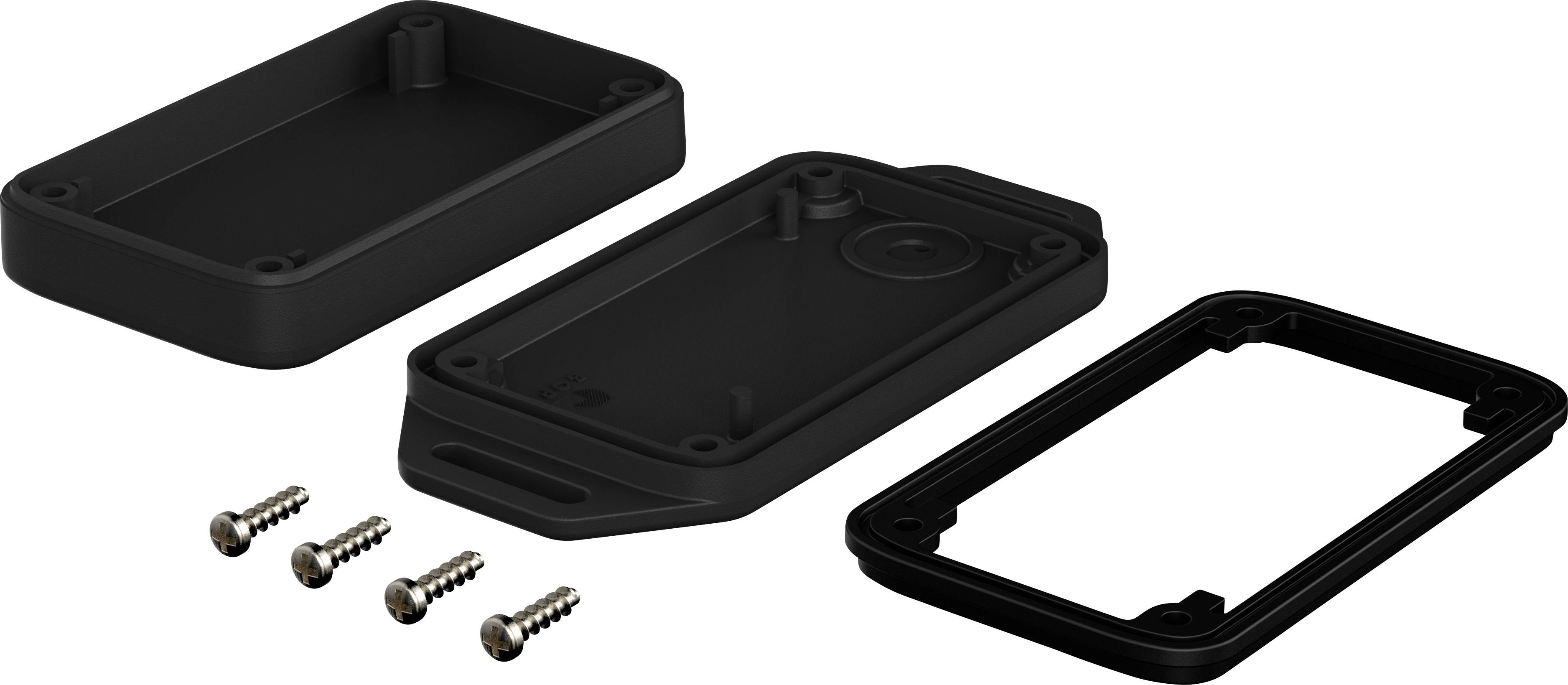 Three black plastic housing components and four screws are laid out, ready for device assembly.