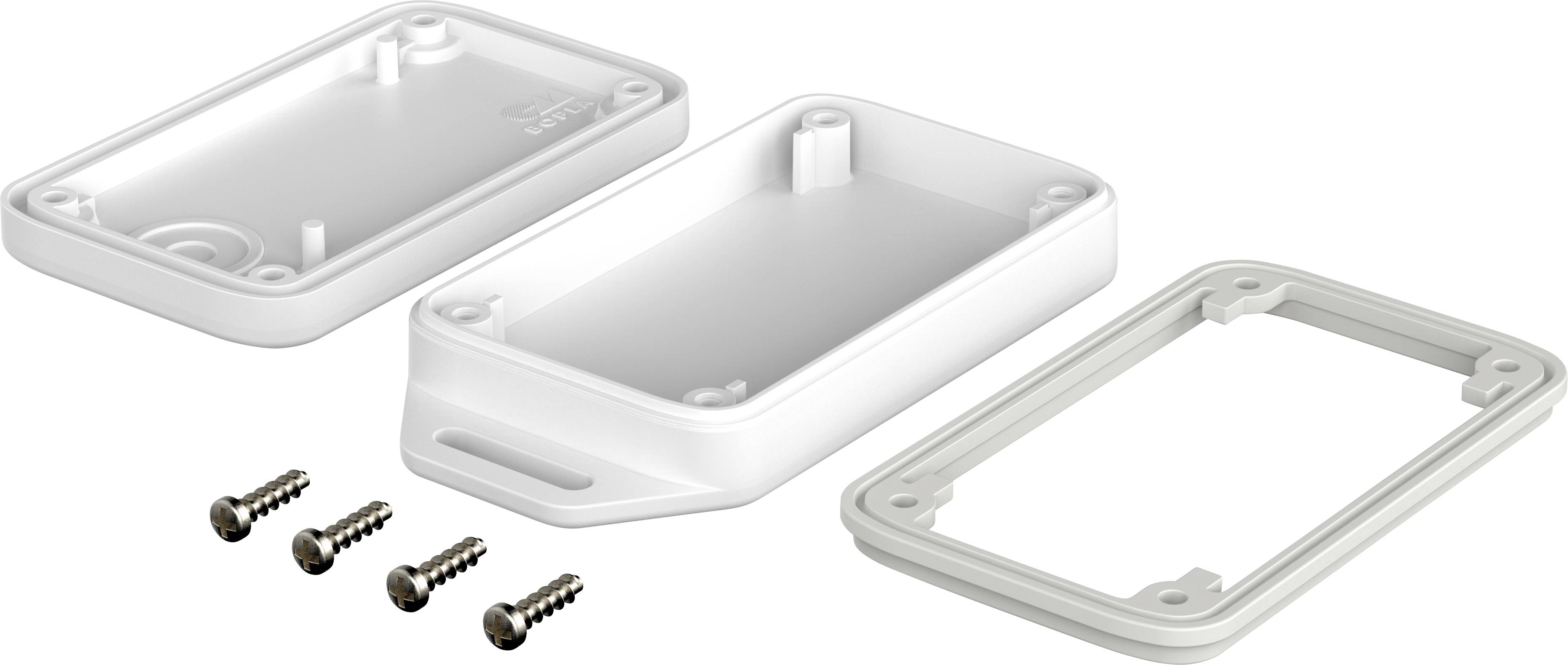 White plastic housing parts in three sections with four metal screws, suitable for mounting or protecting electronic components.