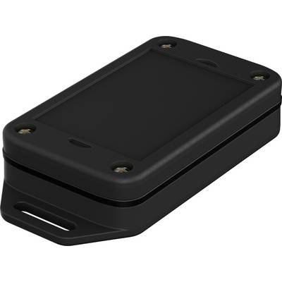 Black, rectangular device with rounded corners and four visible screws in the corners, serving as a protective housing or cover.