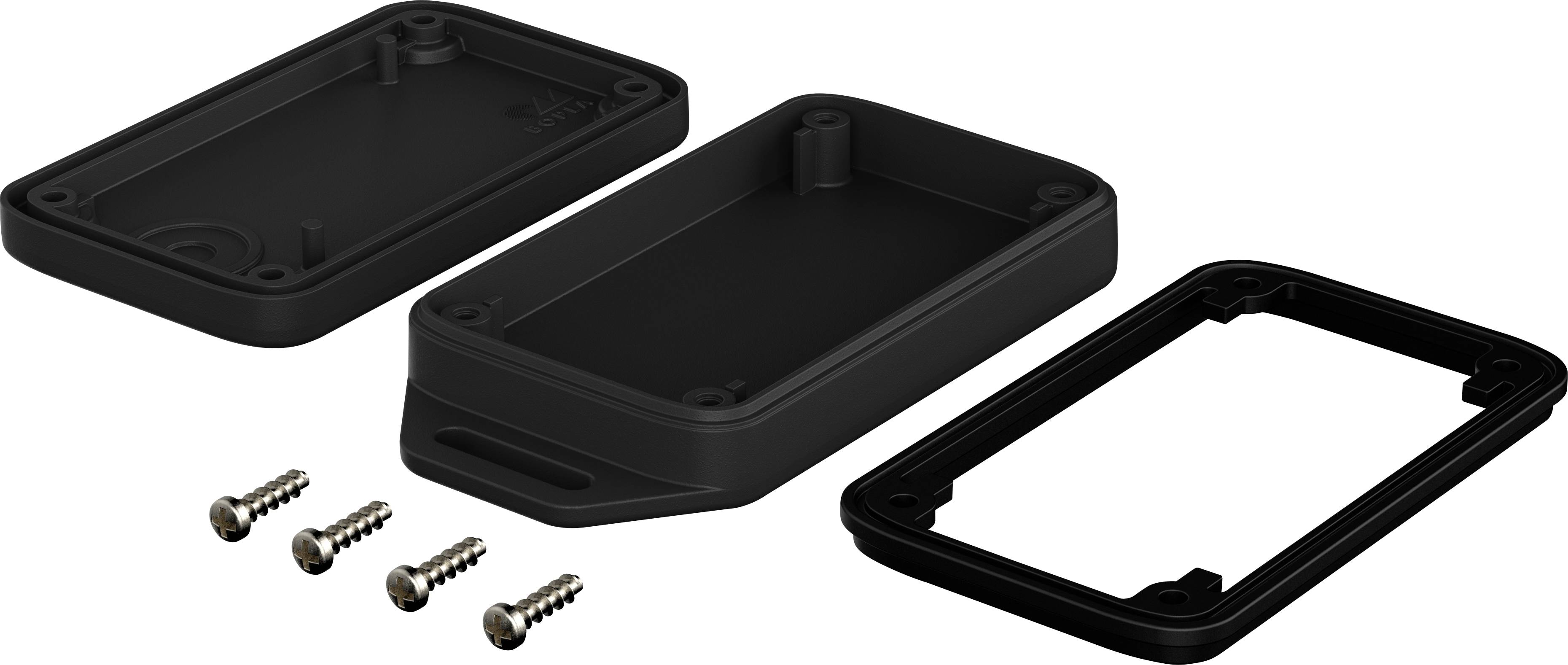 Three black housing components of an electronic enclosure with four screws. The parts are arranged side by side for assembly.
