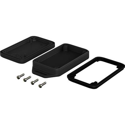 Three black housing components of an electronic enclosure with four screws. The parts are arranged side by side for assembly.