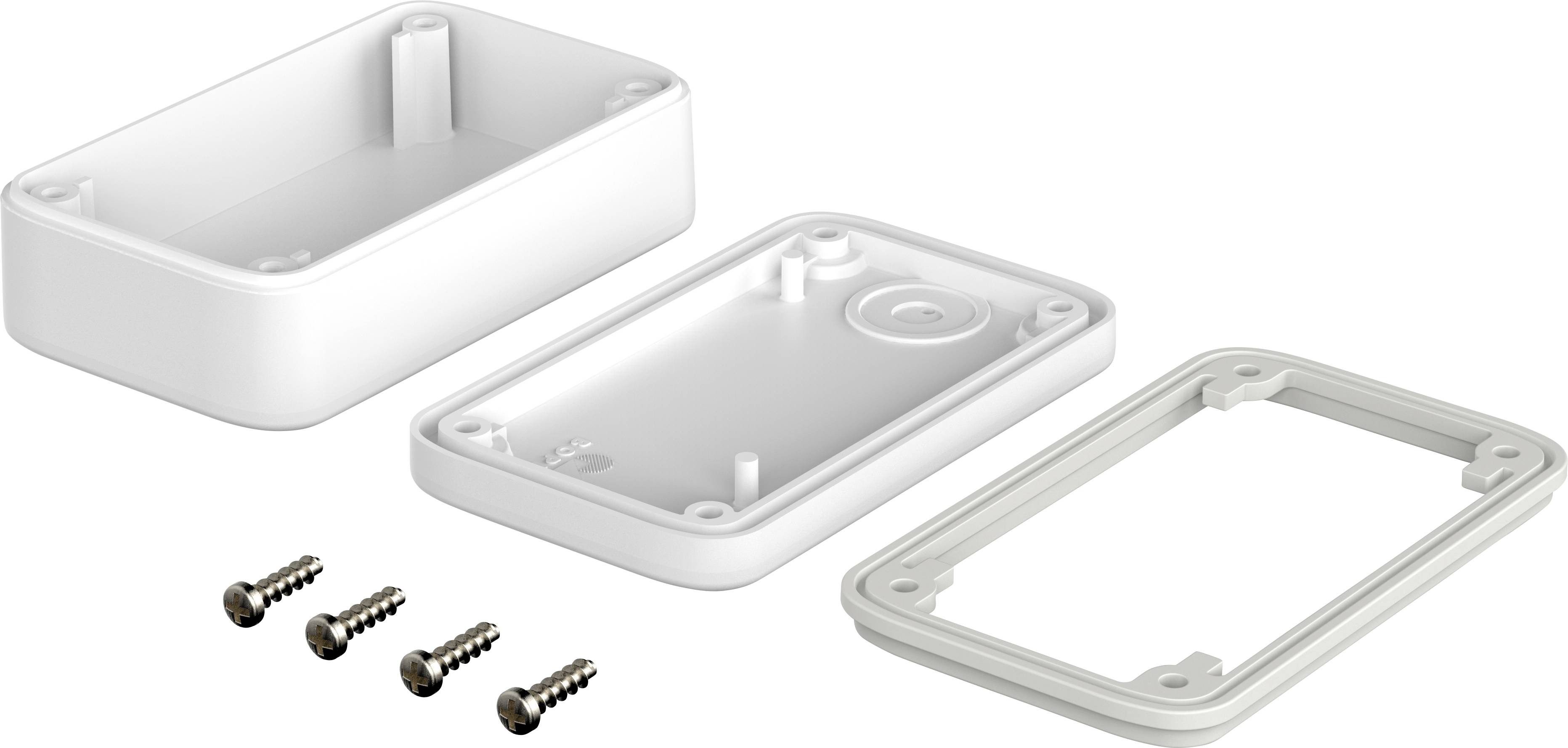 White plastic box components: lid, base, seal, and four screws.