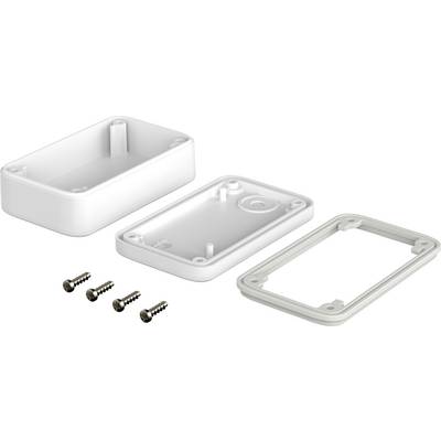 White plastic box components: lid, base, seal, and four screws.