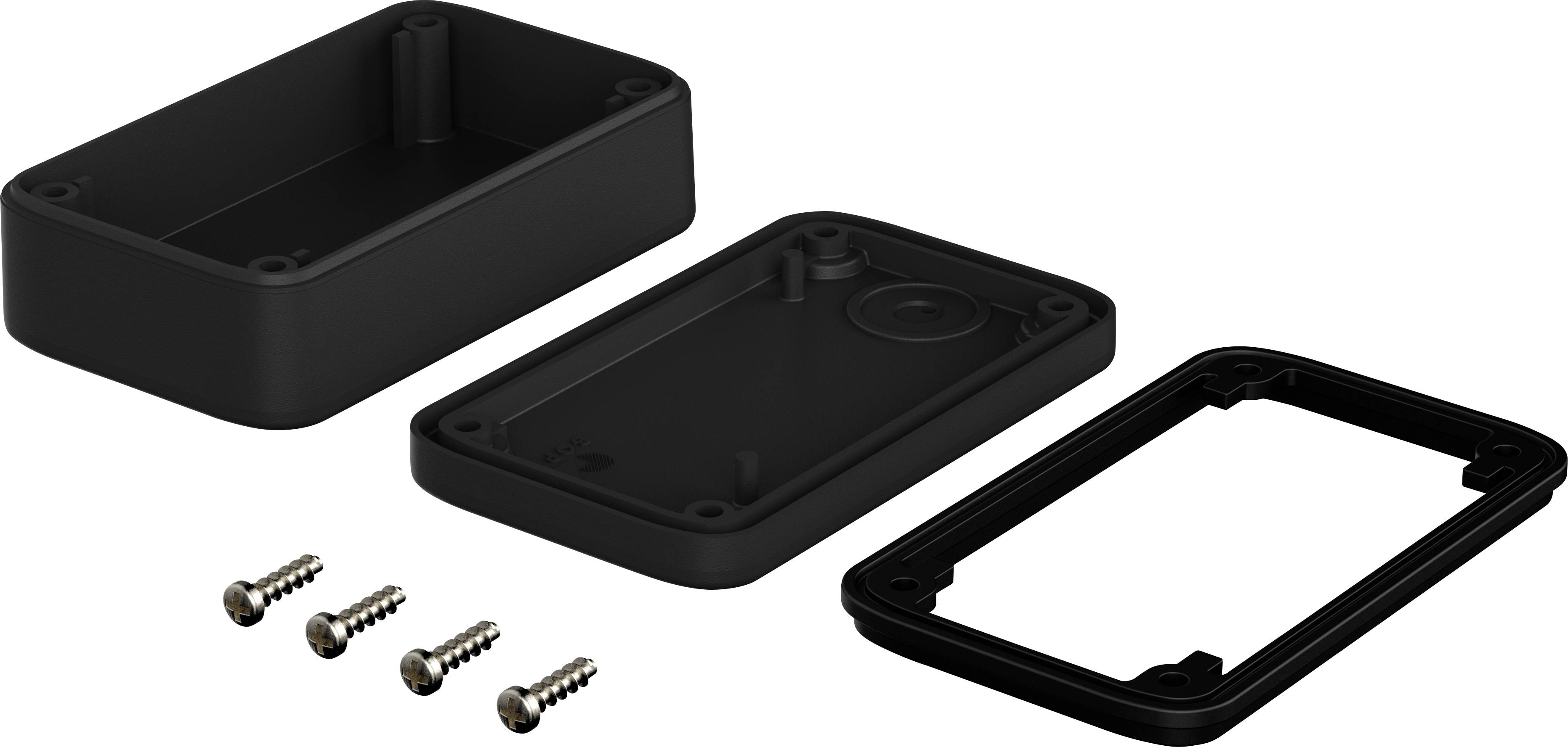 Black rectangular device, shown open in three parts: top, bottom, and frame, with four screws beside it.