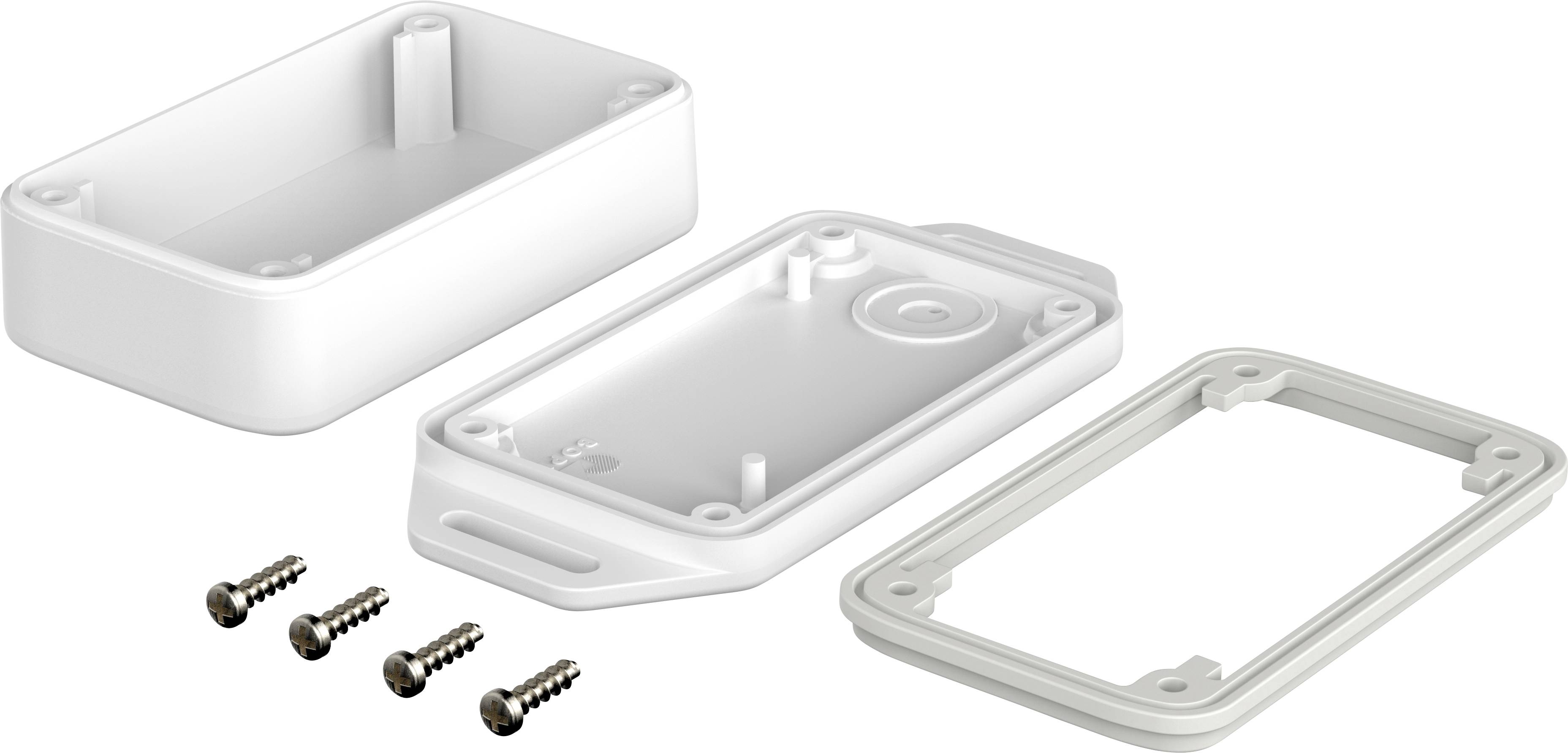 An opened grey plastic housing with a lid and seal, alongside four screws. All components for assembly and sealing.
