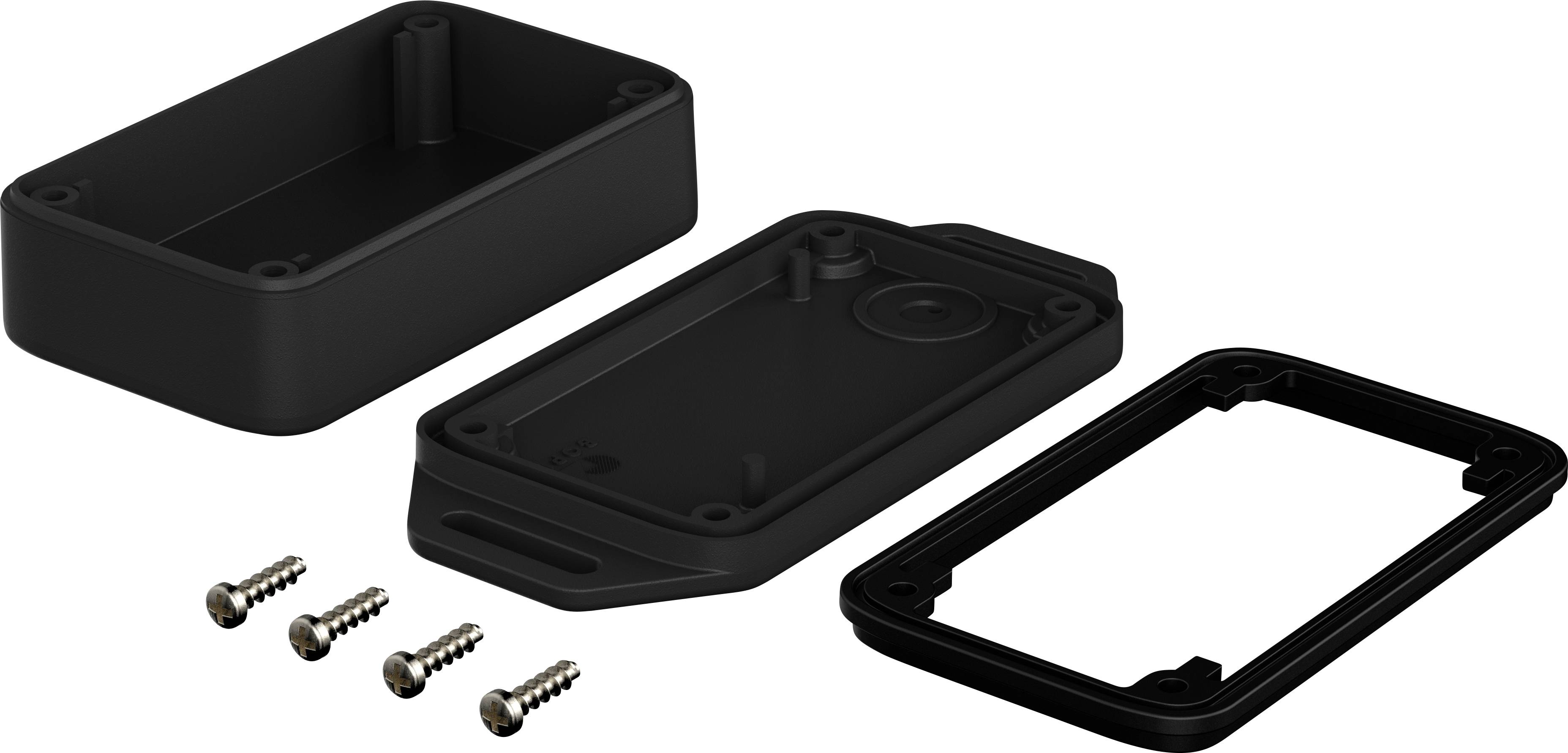 'Black rectangular plastic casing in three parts: lid, base with screw holes, and frame. Four screws beside it.'