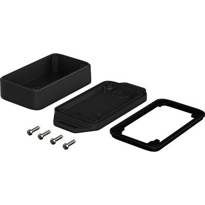 'Black rectangular plastic casing in three parts: lid, base with screw holes, and frame. Four screws beside it.'