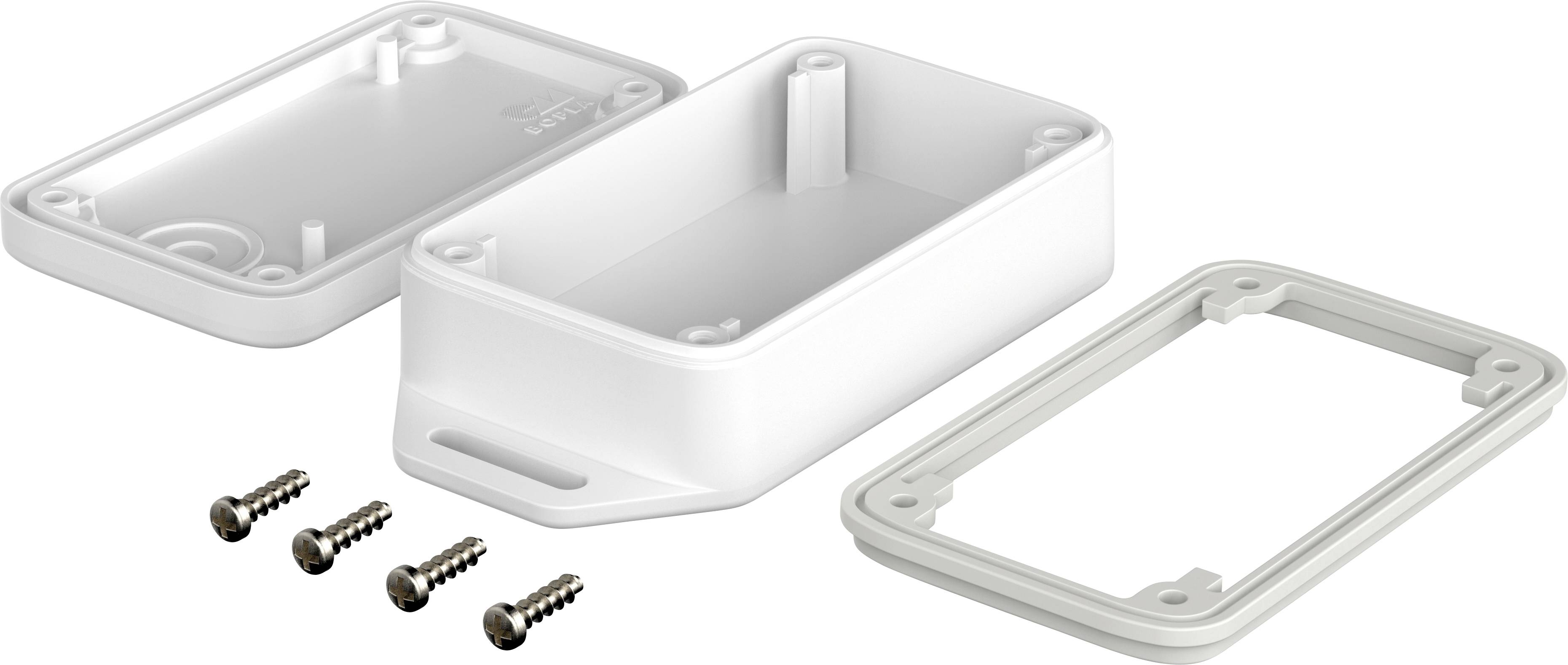 White, rectangular plastic electronic housing components with rounded corners and four screws.