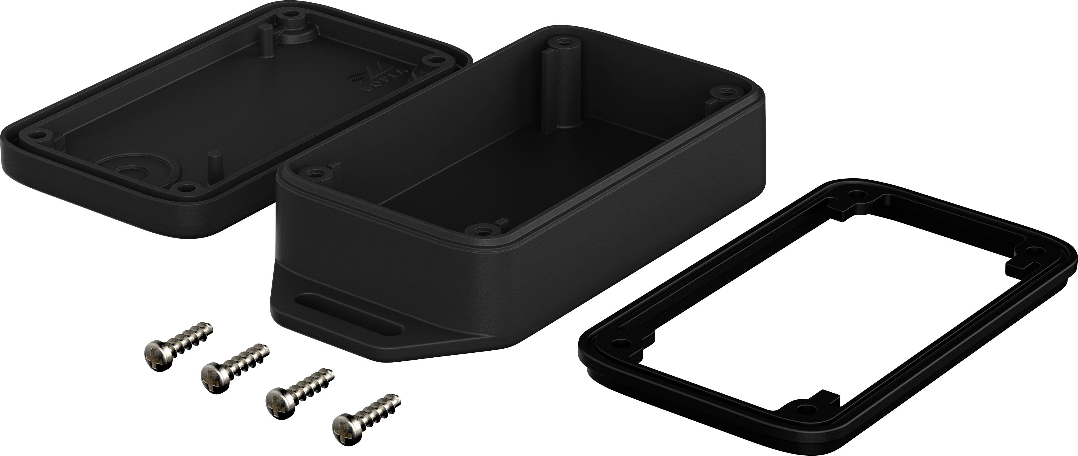 A black rectangular electronic enclosure, comprising three parts: top section, bottom section, frame, and four screws. Suitable for mounting purposes.