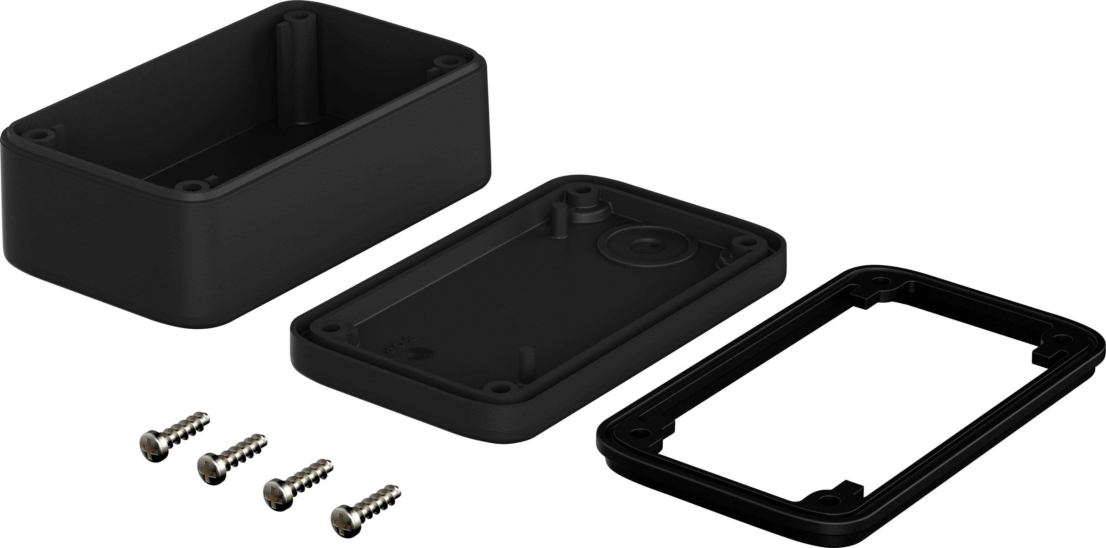 Black-painted aluminium enclosure in three parts with four accompanying screws, ready for assembly.