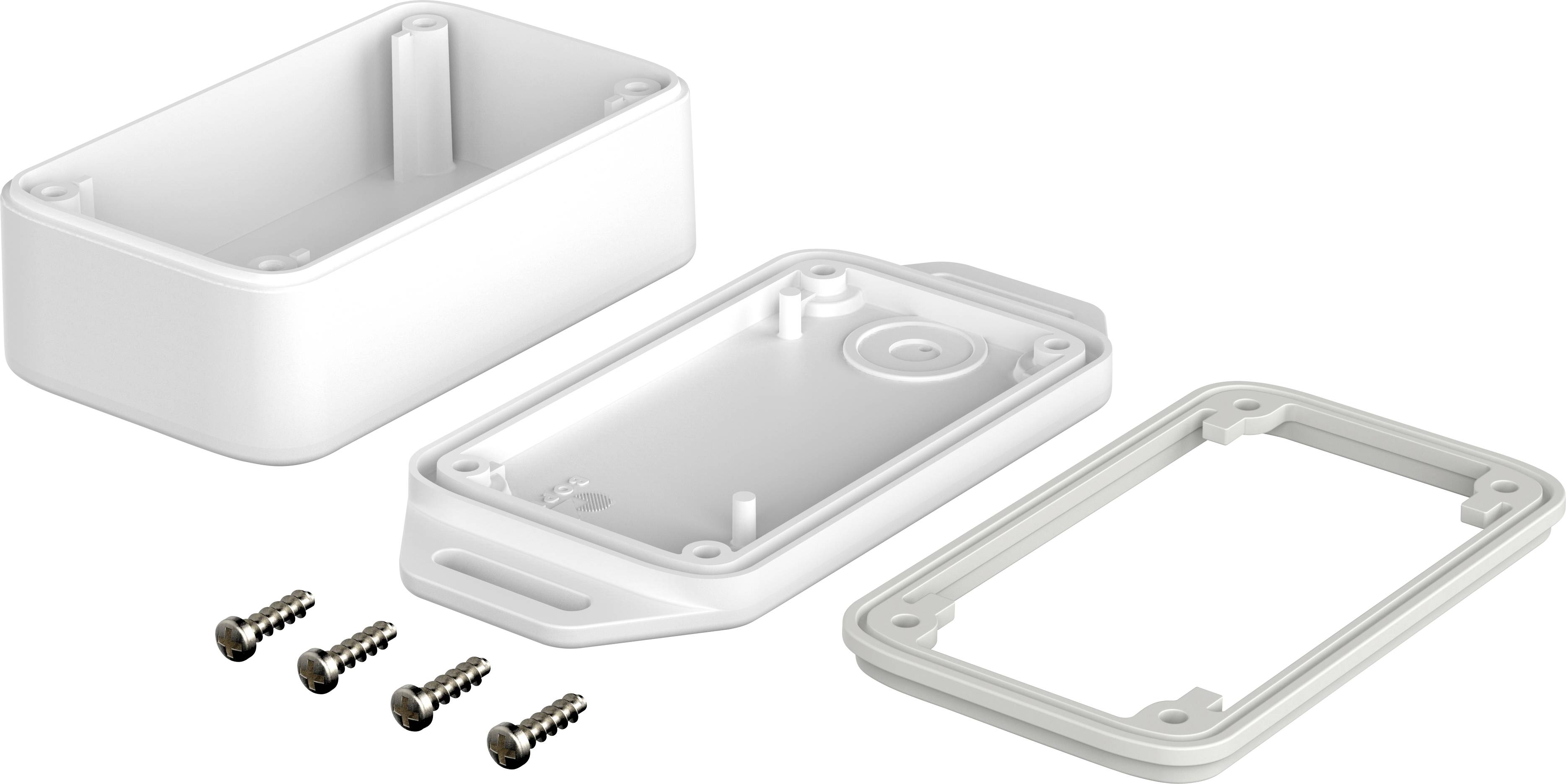 A white plastic housing is shown in three parts: upper section, lower section, and seal. Four screws are included.