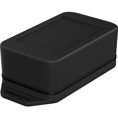 A rectangular, black device with a smooth casing and a tab on the side. Possibly an electronic device.