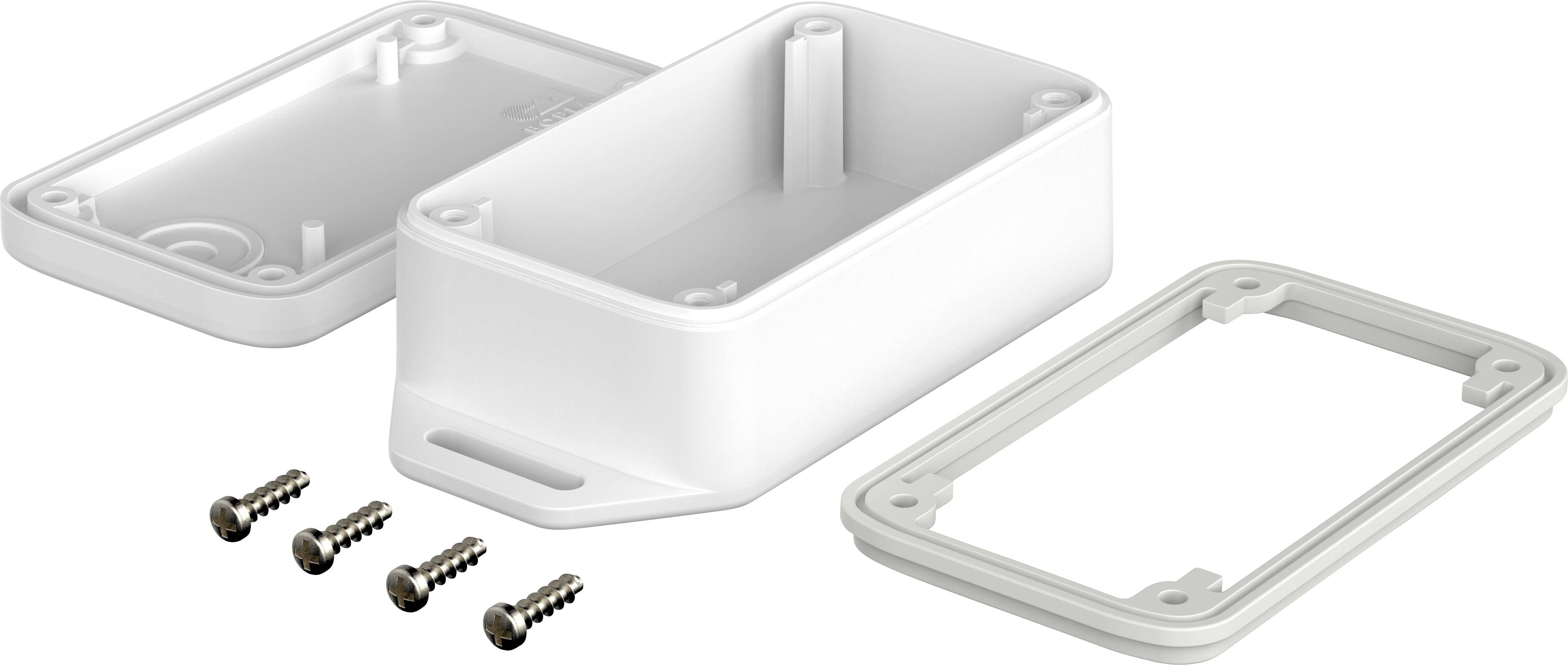 A rectangular, white enclosure with a removable lid and four screws, used for electrical connection or component protection.