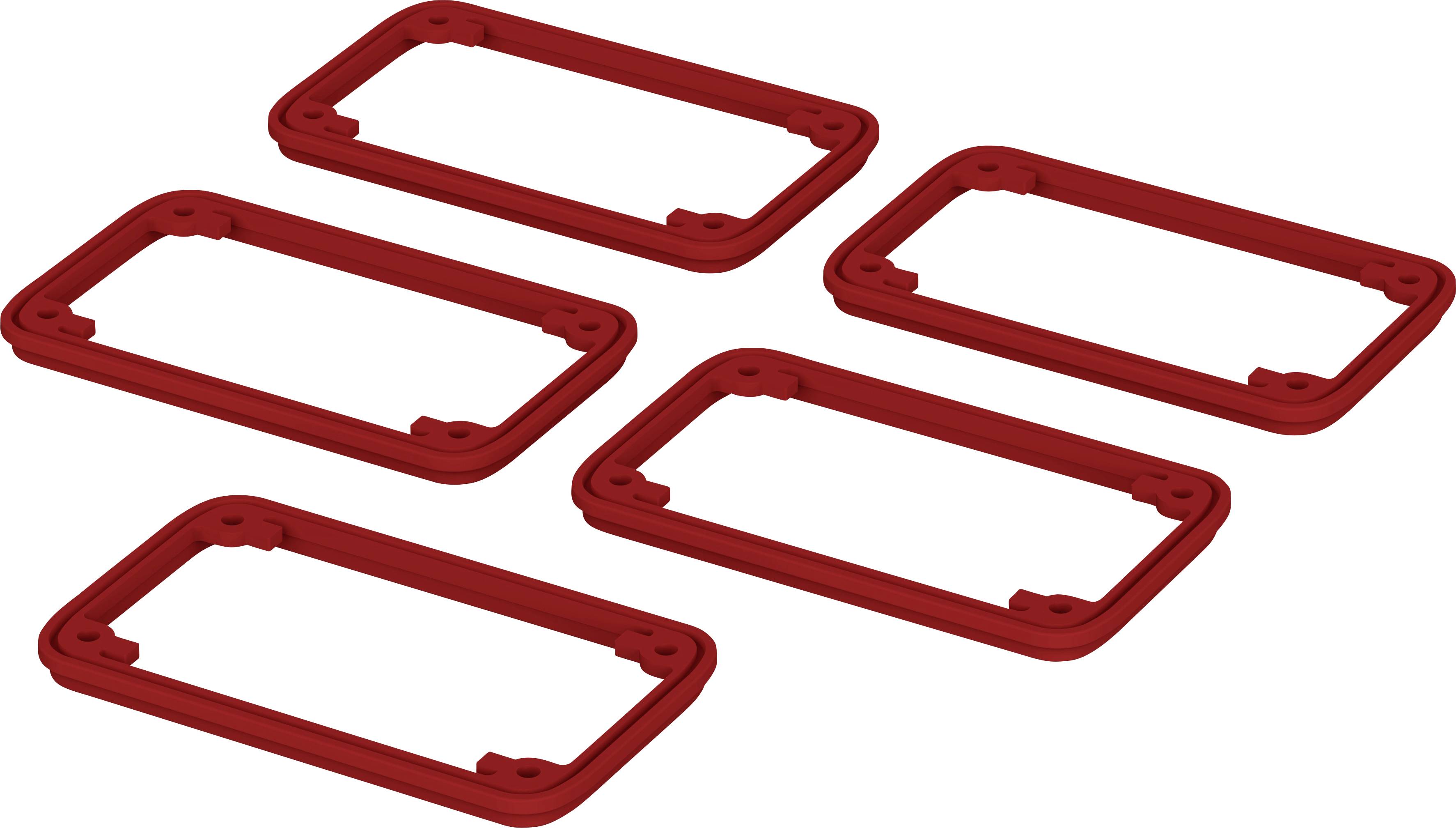 Five red, rectangular frames arranged uniformly on a white background.