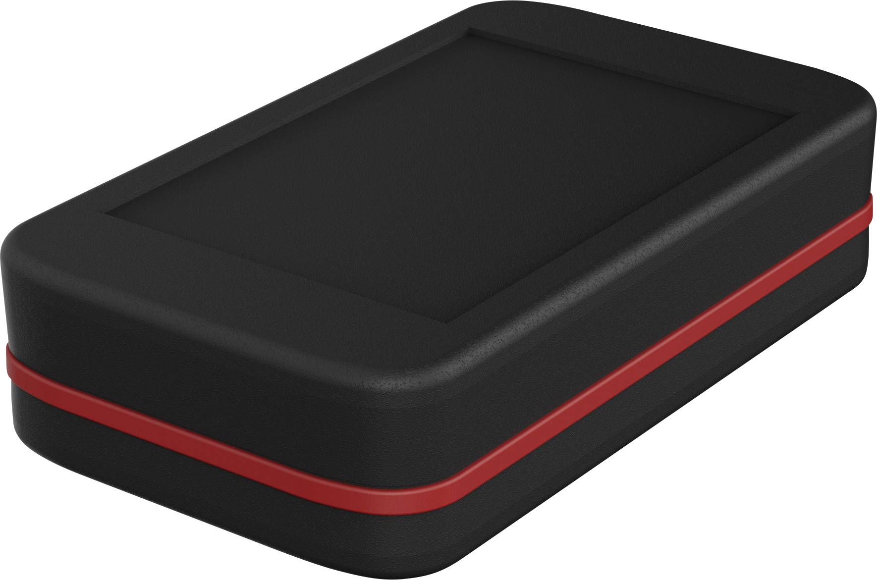 Rectangular black box with a red stripe, possibly an electronic device or case.