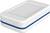 White rectangular plastic box with a blue stripe in the middle, likely a storage container or protective case.