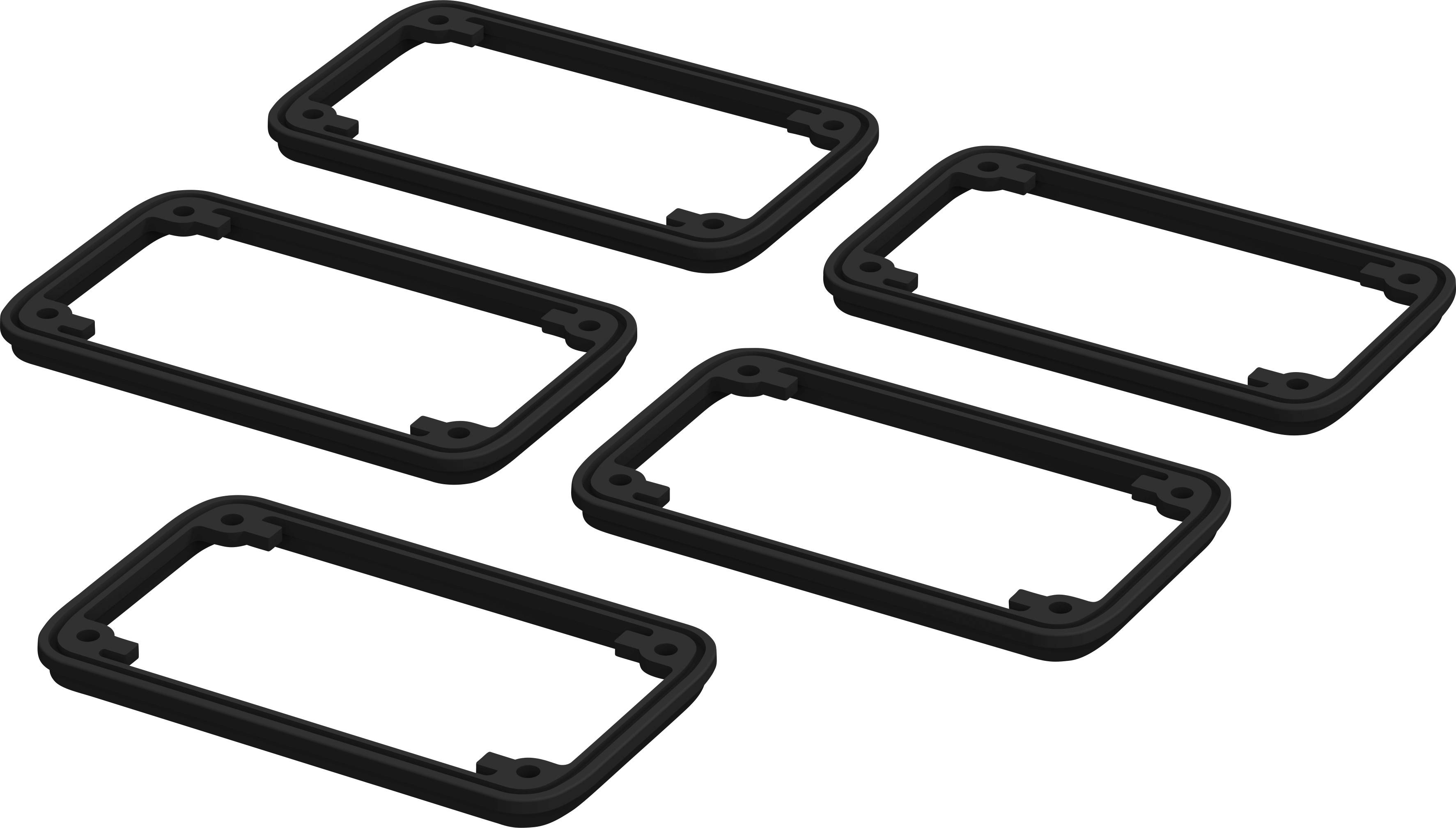 Five black, rectangular rubber seals on a white background. They are evenly arranged side by side in two rows.