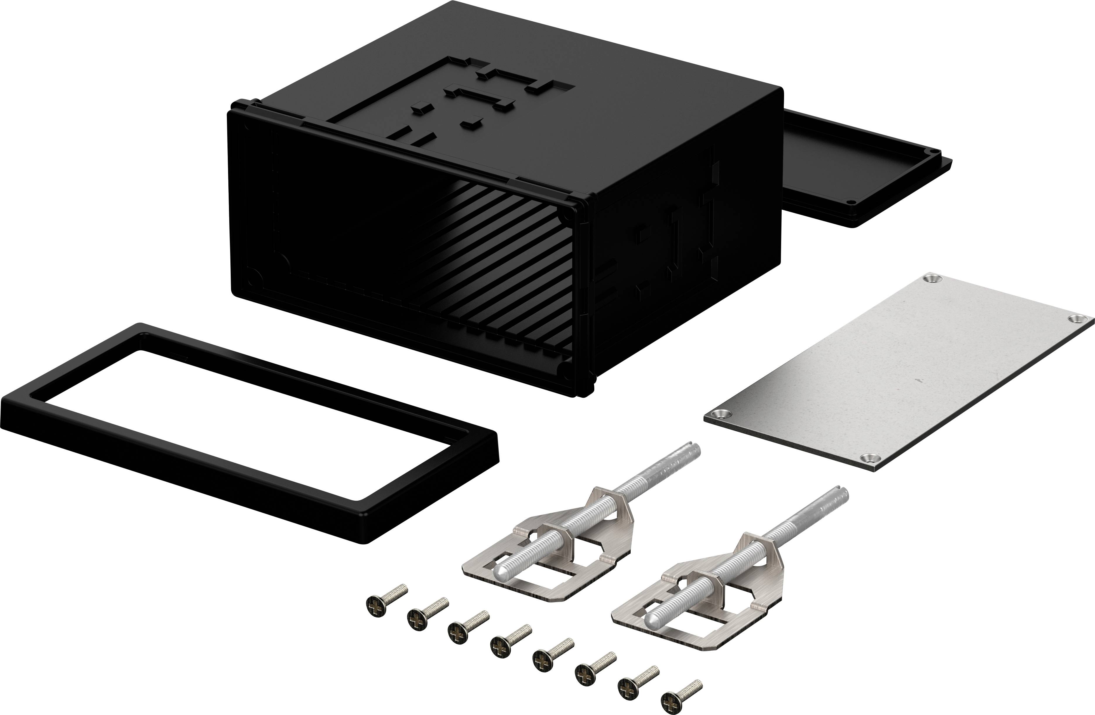 Black display case with removable lid, additional frame, two spanners, and several screws.