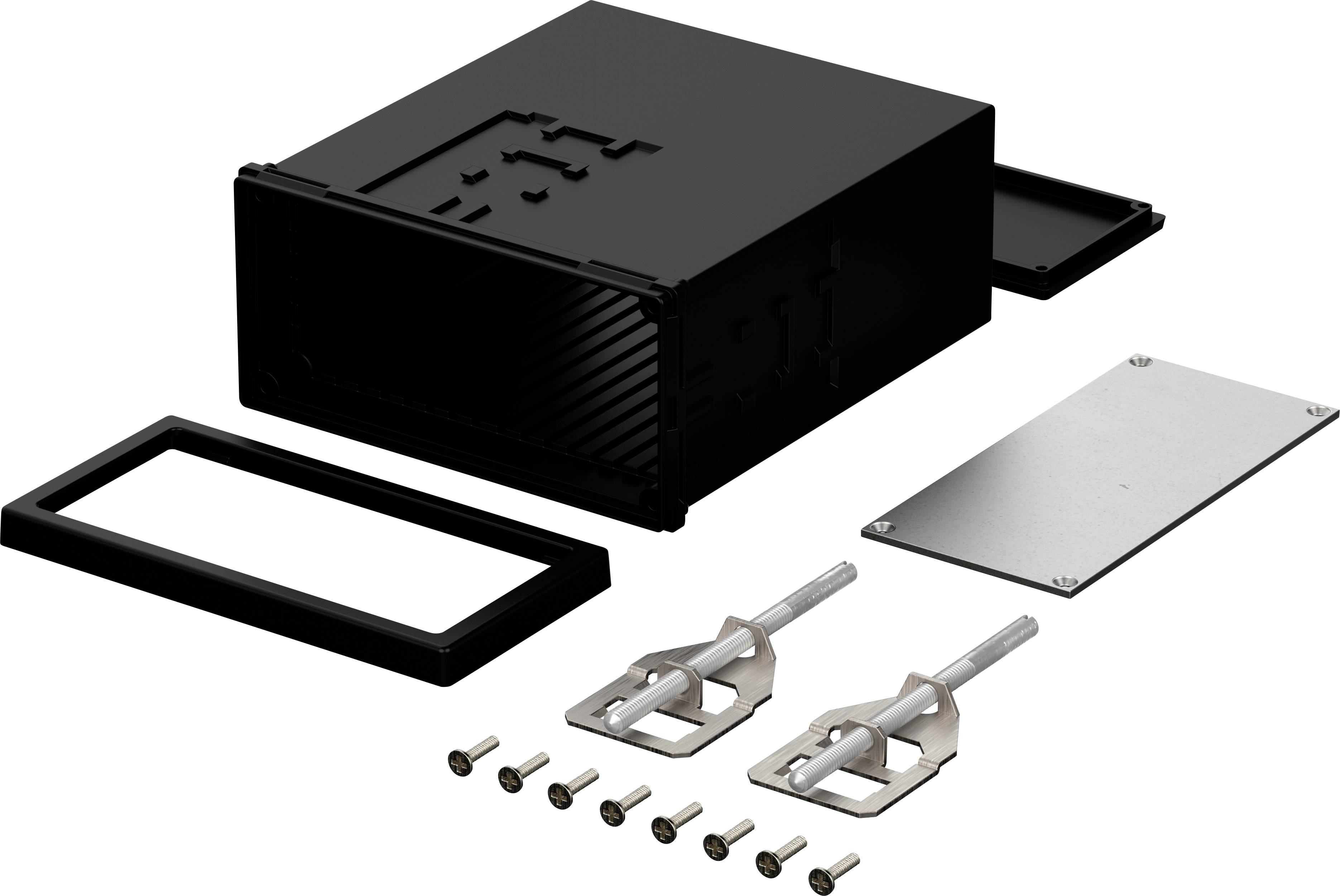 Black enclosure with removable front and rear panels, two mounting clips, a metal plate and screws, for installation.