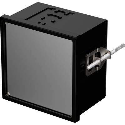 Black electronic enclosure with mounted metal components and a protruding cable on the right side.