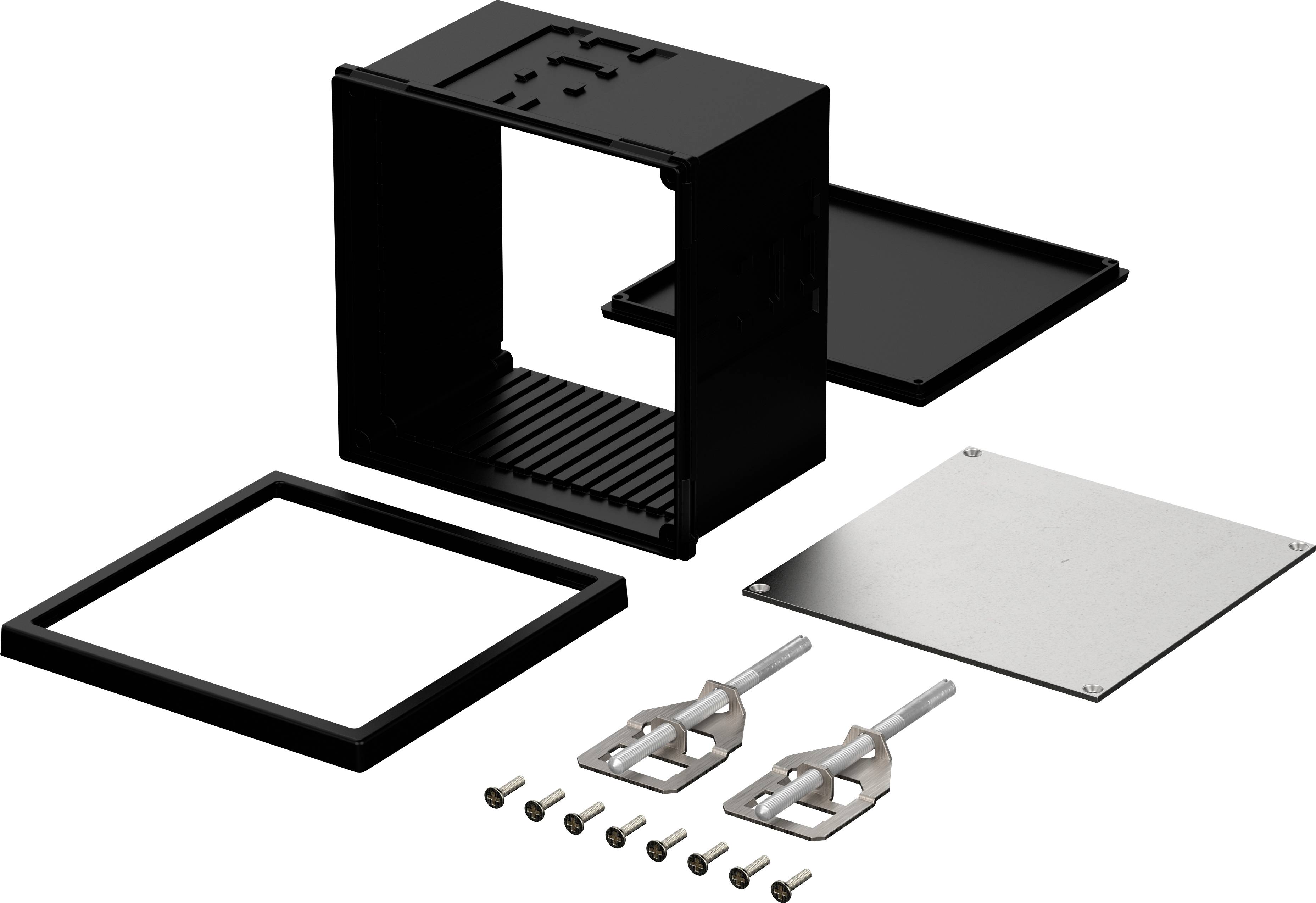 A disassembled black enclosure with a square frame, removable parts, and mounting screws. Screws and two cables are shown.