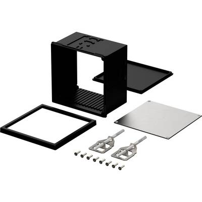 A disassembled black enclosure with a square frame, removable parts, and mounting screws. Screws and two cables are shown.