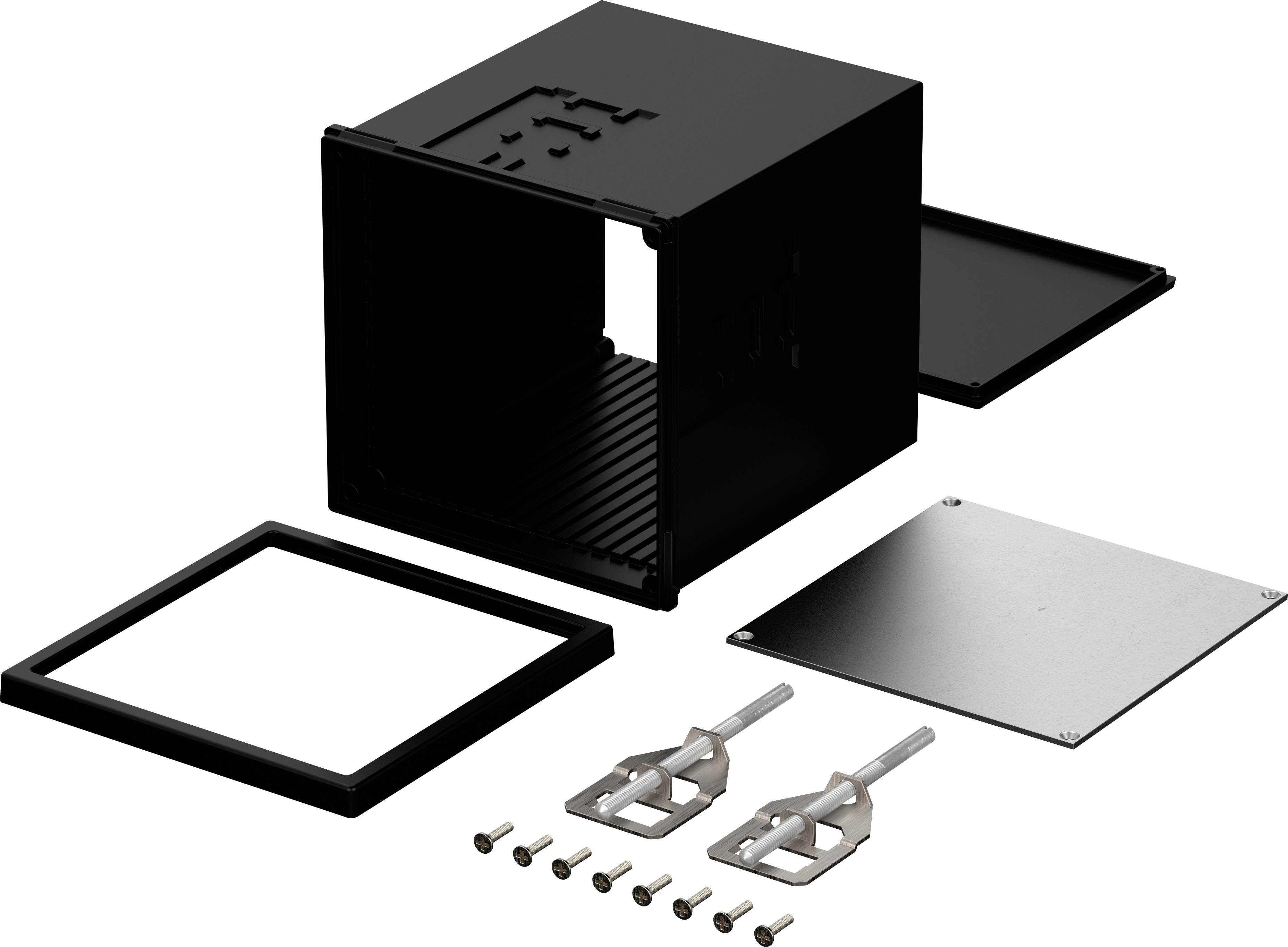 'Set of a rectangular black computer case with a removed side panel, a metal plate, two screwdrivers and several screws.'