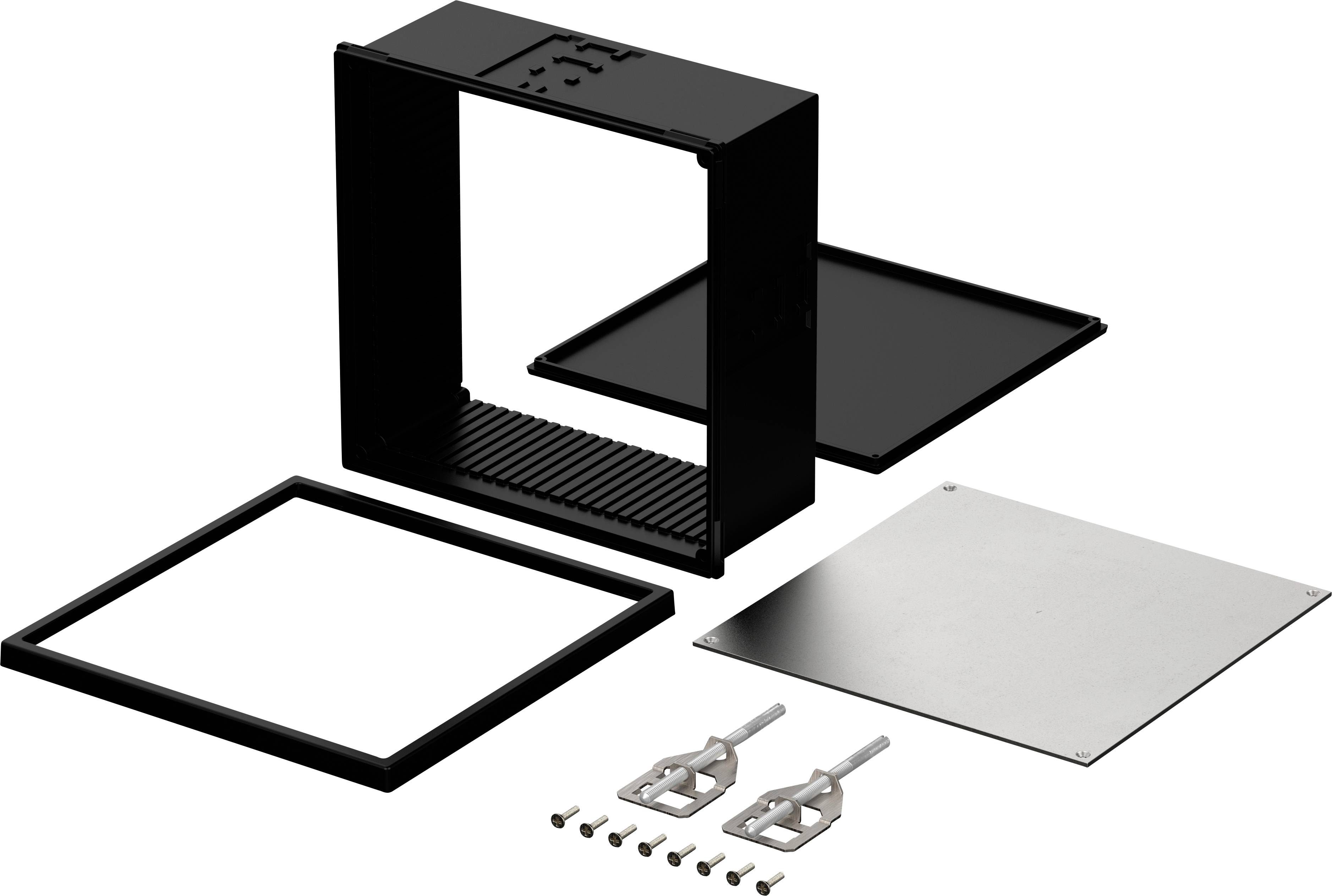 Black cubic frame, cover plate, metal plate, screws and two metal parts; presumably parts of an assembly kit.