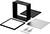 Black cubic frame, cover plate, metal plate, screws and two metal parts; presumably parts of an assembly kit.