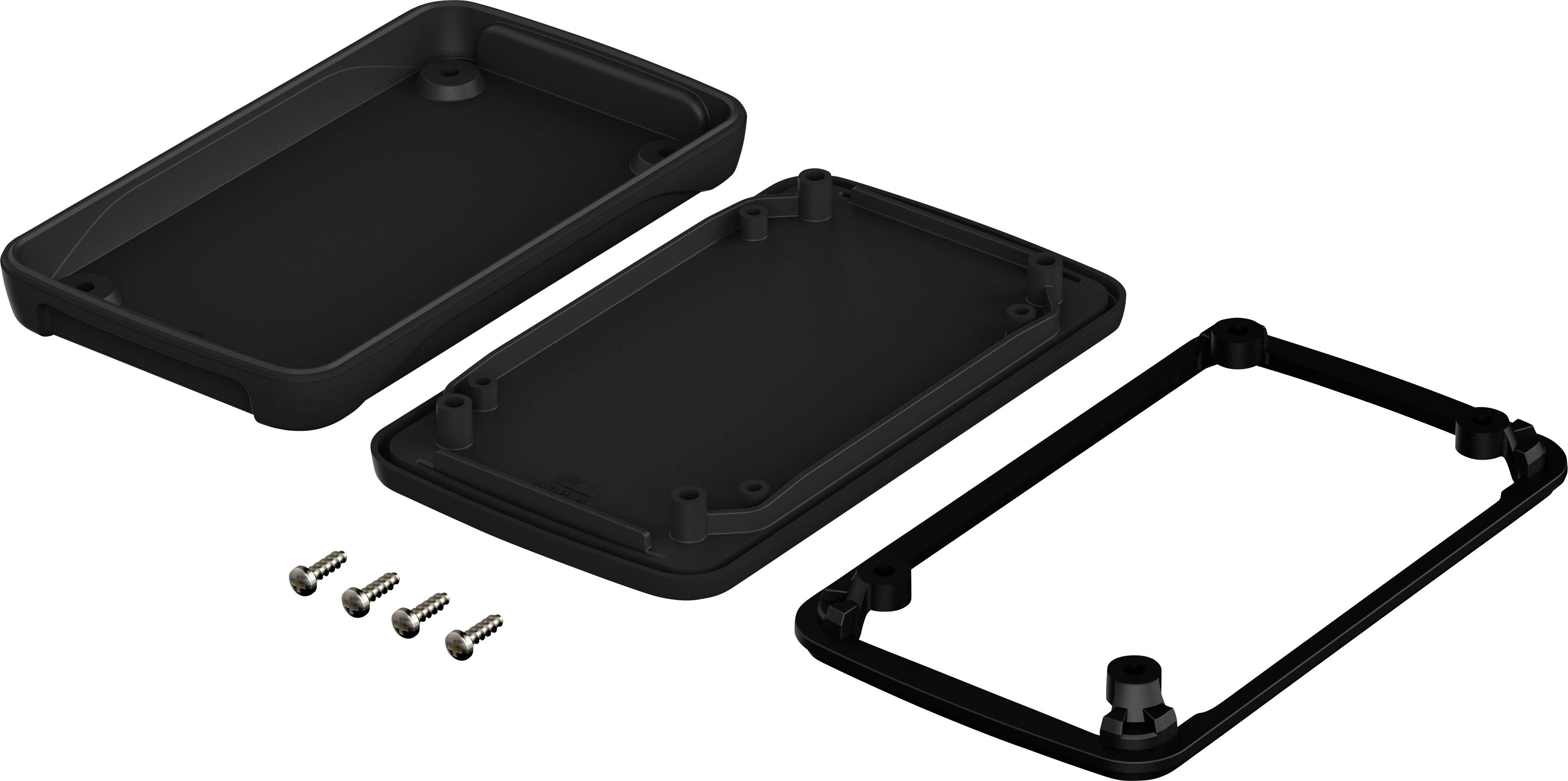 Set of parts consisting of a rectangular housing, two covers, and four screws, arranged on a white surface.