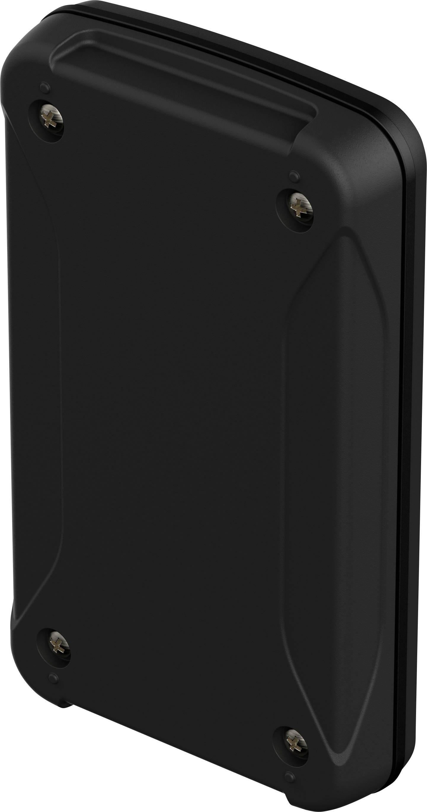 A rectangular, black device with rounded corners and four visible screws, likely an electronic enclosure.