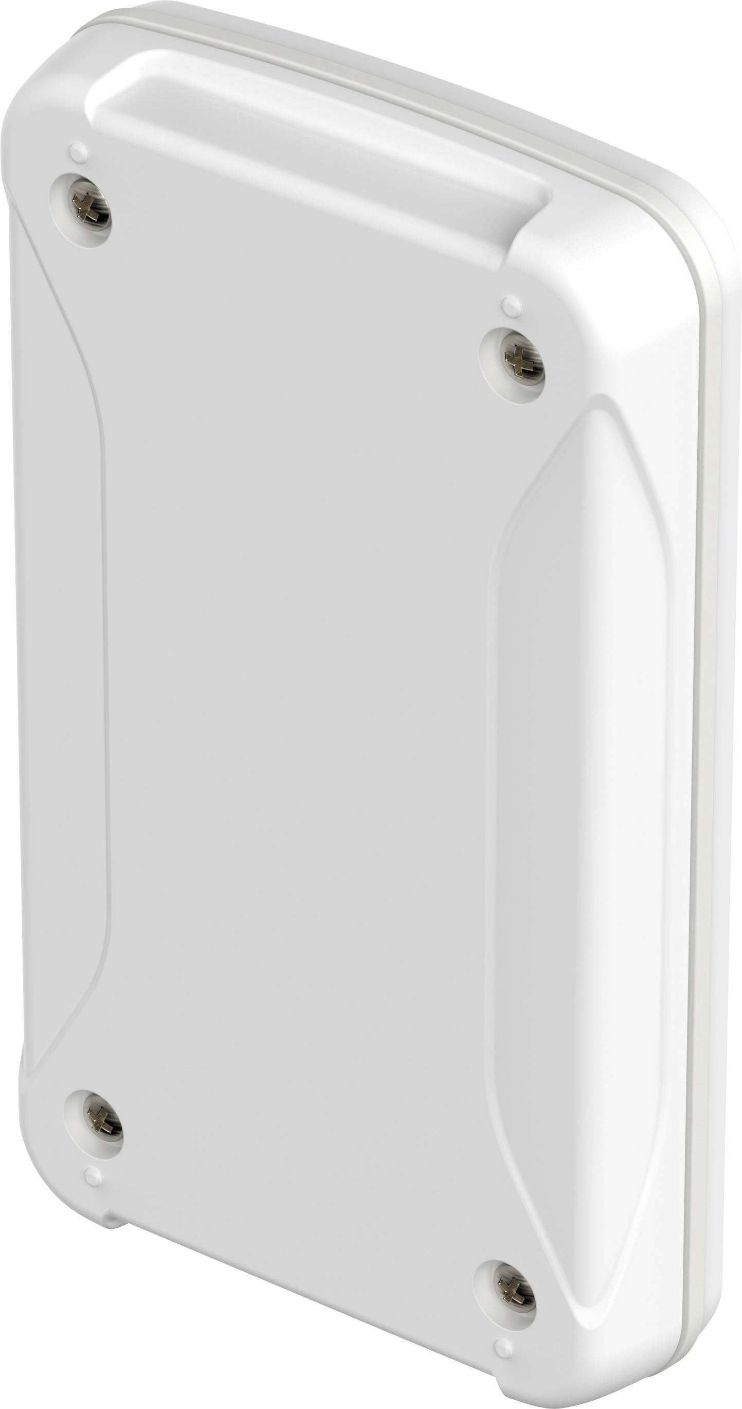 A white, rectangular device with rounded corners and four screws at the corners, possibly an electronic enclosure.