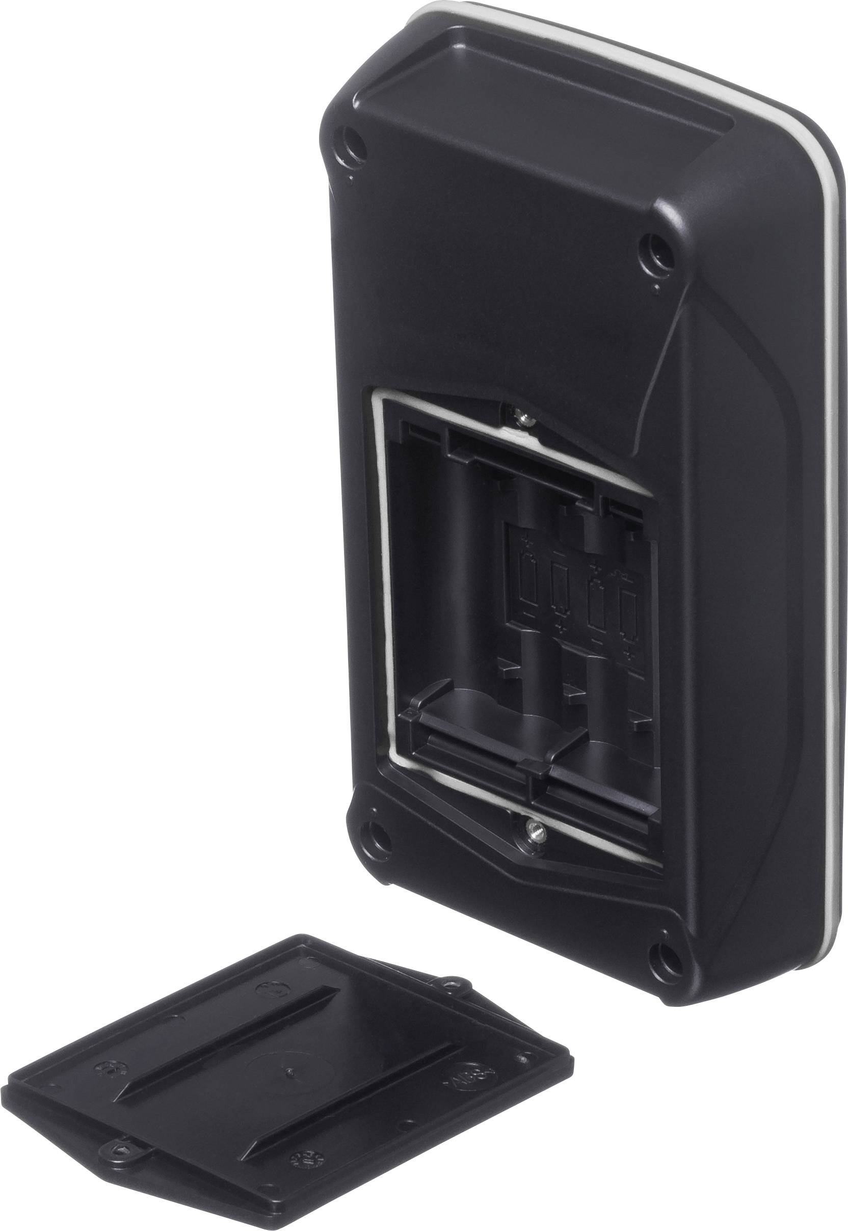 Black electronic device with removed battery compartment cover, showing an empty battery compartment. Device is rectangular and black.