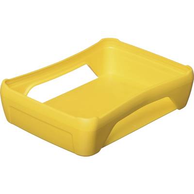 A yellow plastic lid with a rectangular opening, most likely part of a container or box.