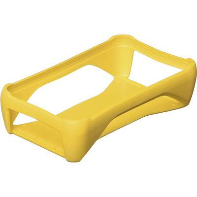 An empty, yellow plastic frame with a rectangular shape and rounded corners, presumably intended as a holder or protective frame.
