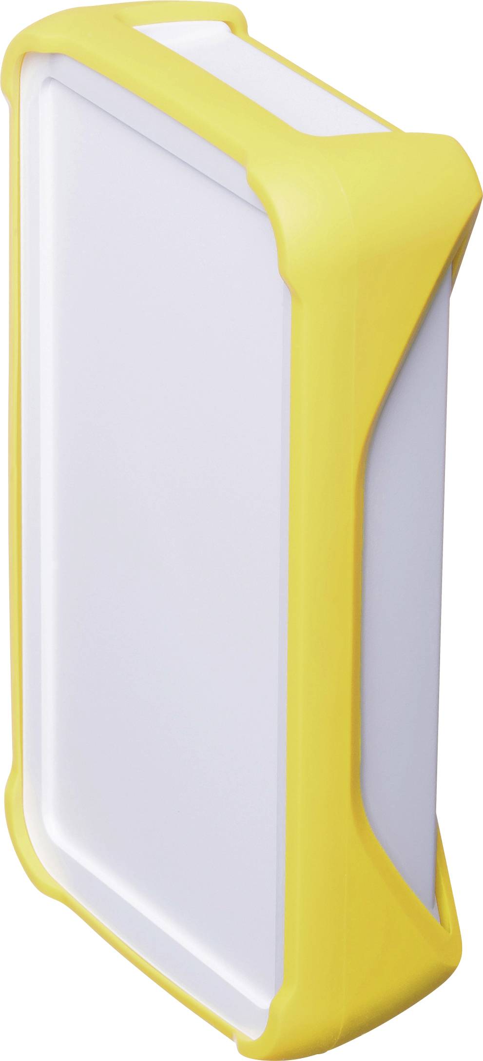A rectangular, white device with yellow rubber edges, which is likely designed for protection or shock absorption.