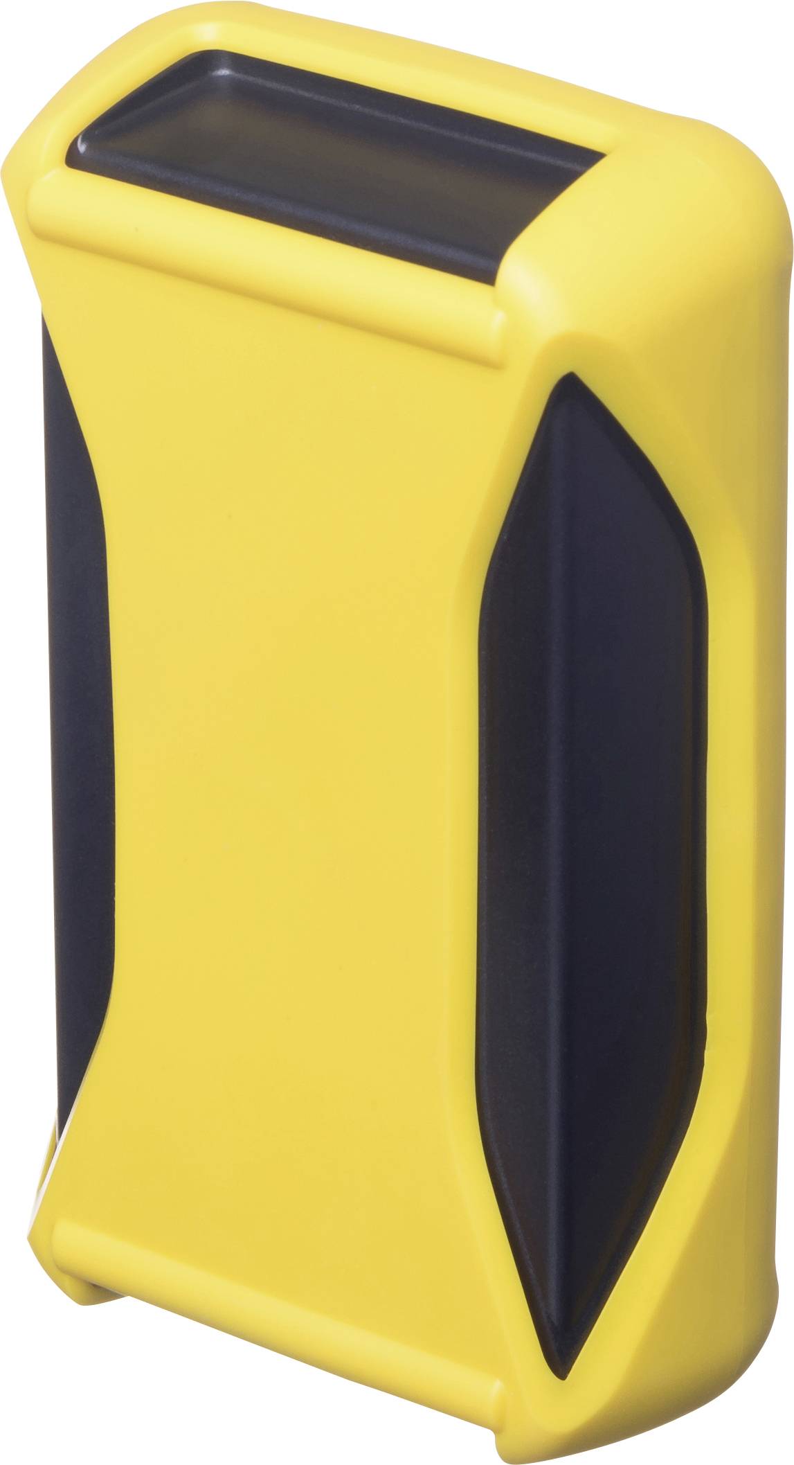 A small, yellow device with black inserts, possibly an electronic device or accessory.