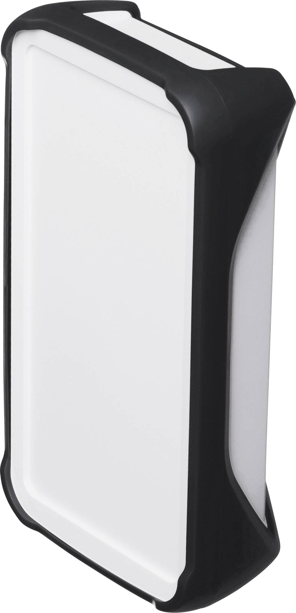 A black and white portable LED light, standing, with a rectangular shape and rounded corners.