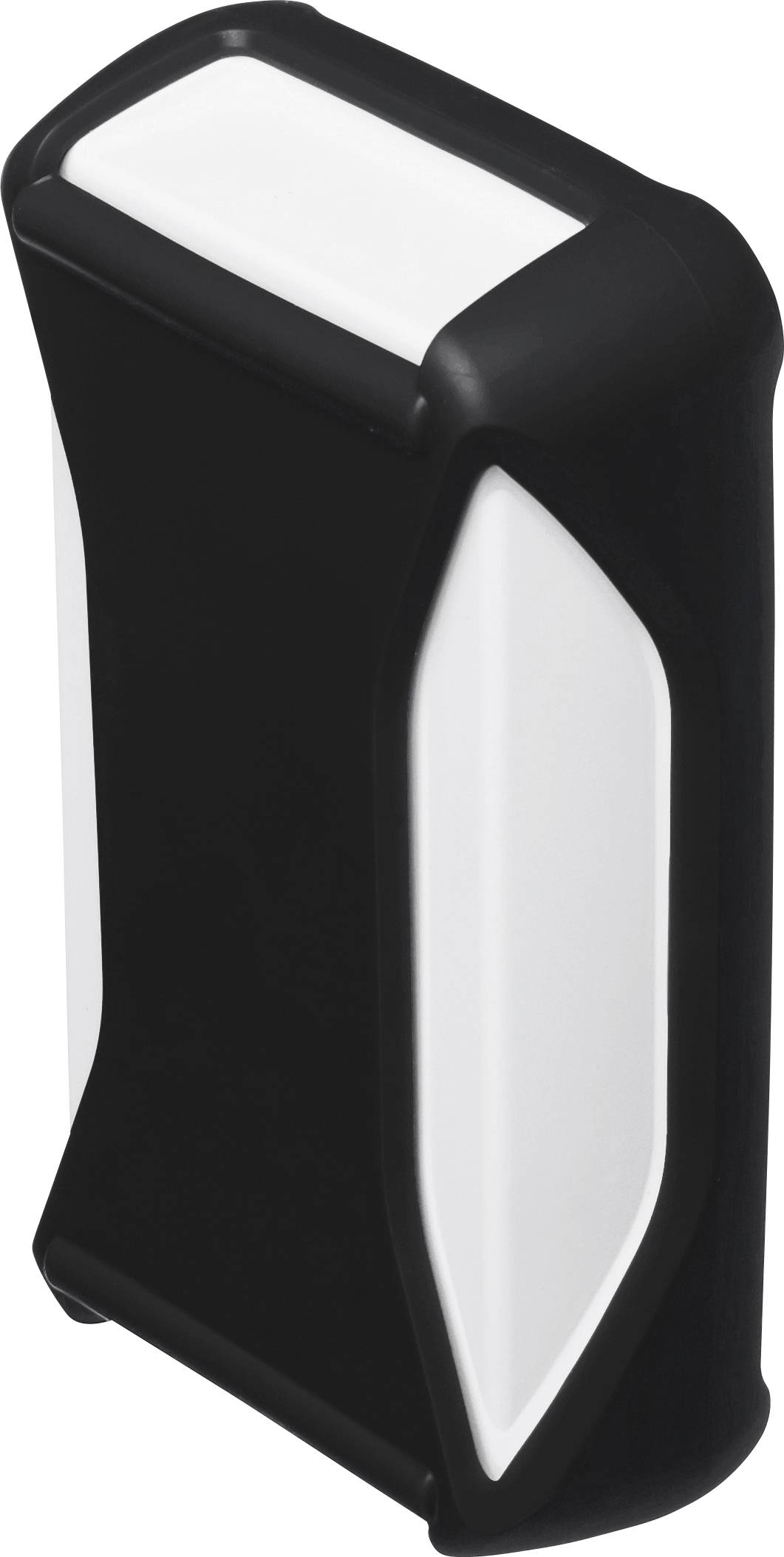 A compact, portable device in a black and white casing, possibly an electronic accessory or enclosure.