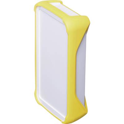 A rectangular, white device with a yellow casing border. It appears portable and robust, possibly a light or a protective enclosure.