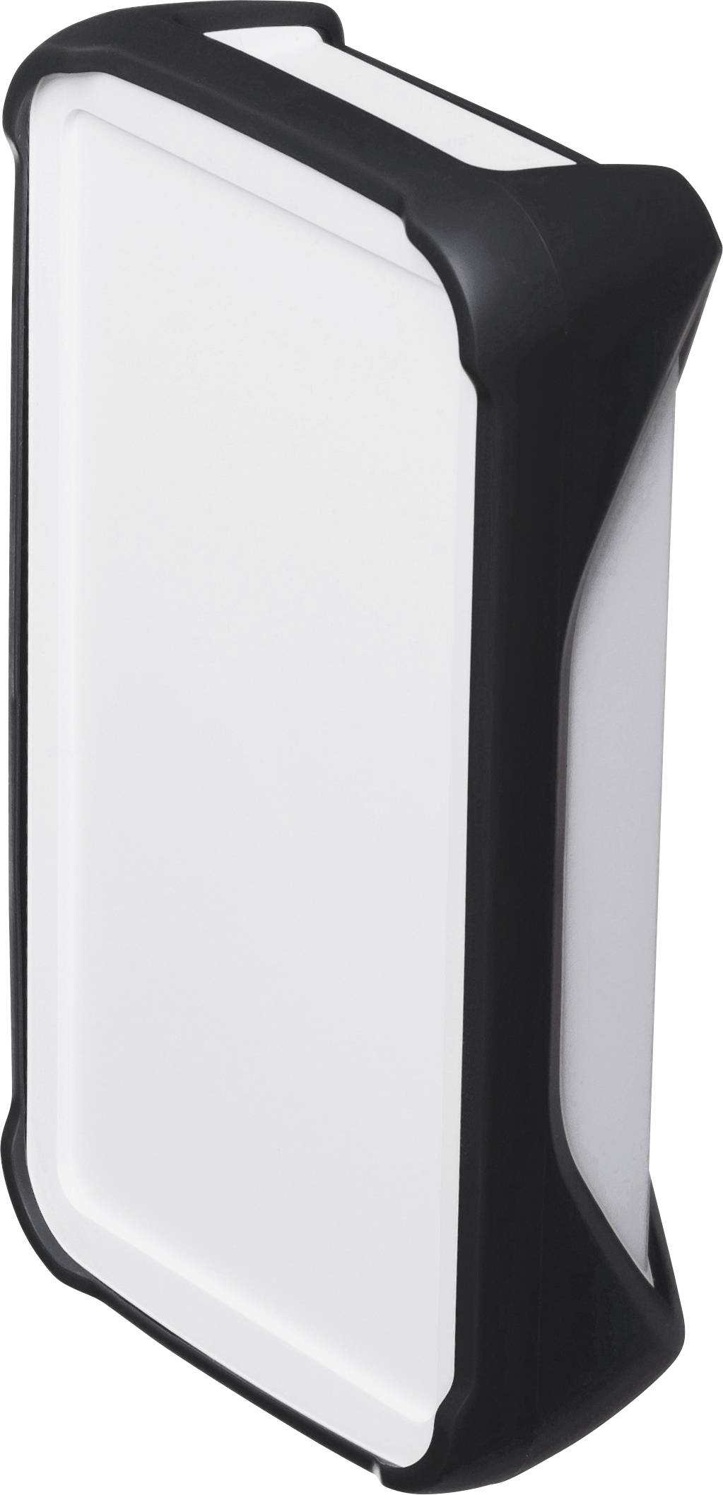 A black power bank with a white casing, positioned at an angle, on a white background.