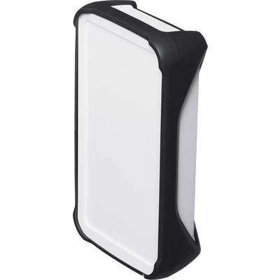 A black power bank with a white casing, positioned at an angle, on a white background.
