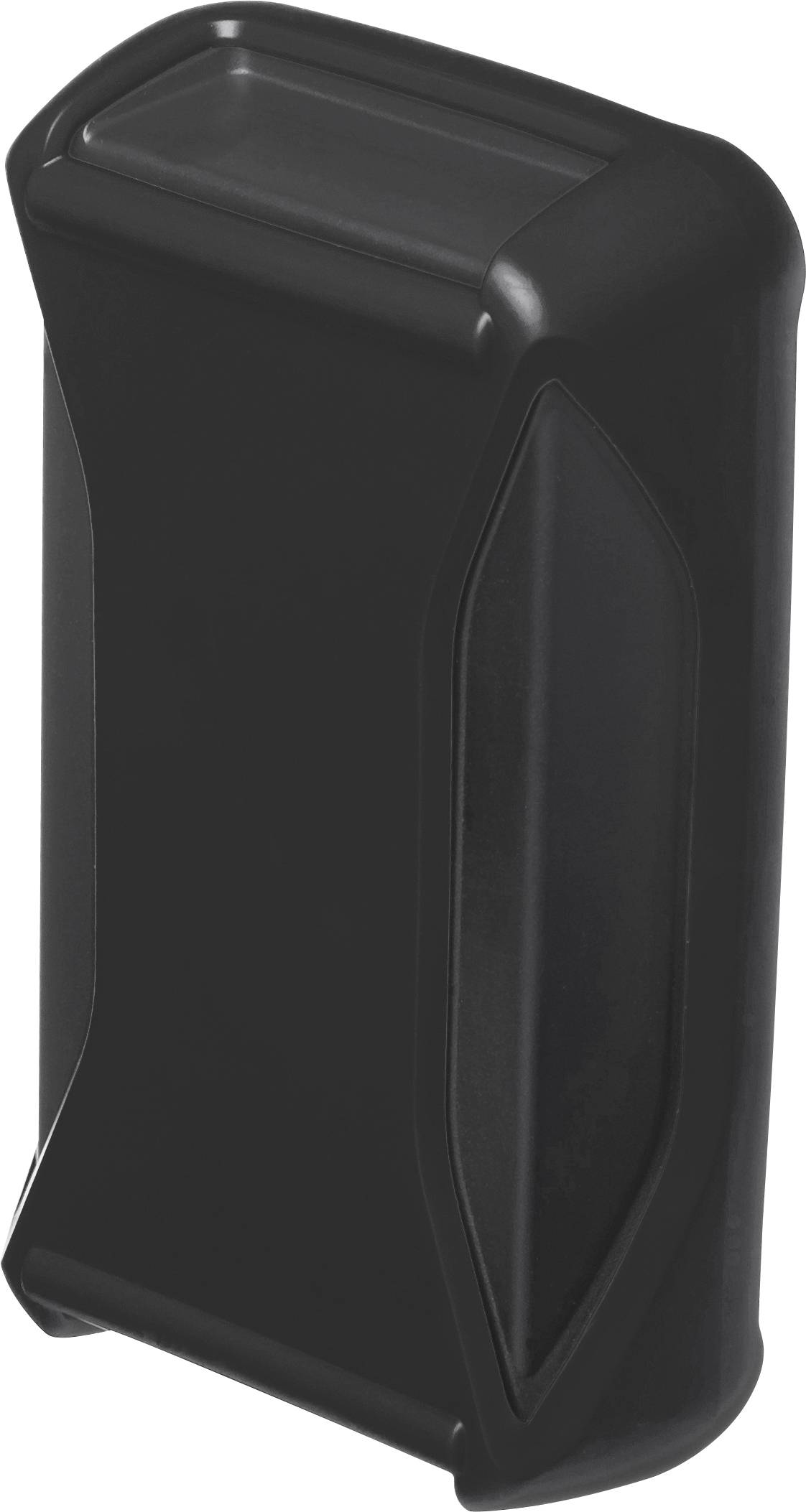 A black, rectangular device with rounded corners and smooth surfaces, possibly a protective case for electronic devices.