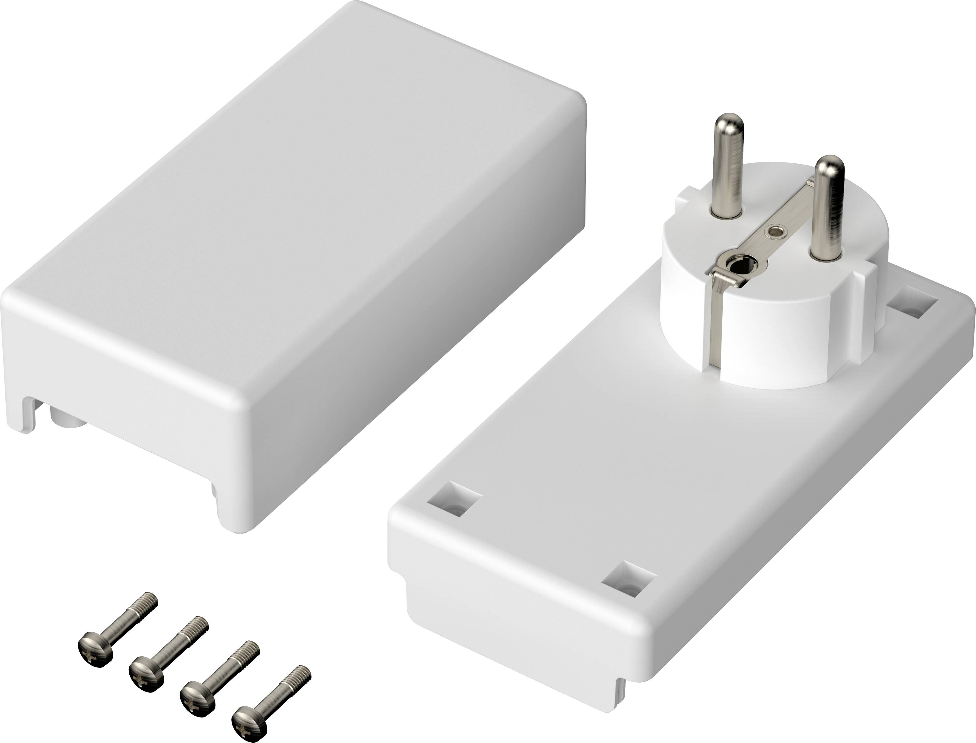 'Individual components of a white socket cover with a Schuko plug and four screws, shown separately.'